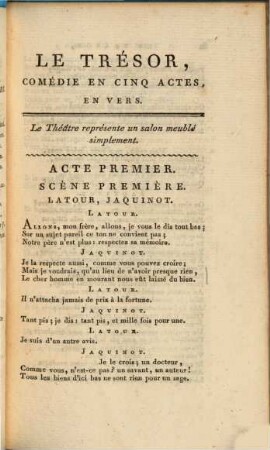 Le trésor : comédie en cinq actes, en vers ; représentée pour la première fois au Théâtre Louvois, le 7 Pluviôse de l'an XII de la République, (28 janvier 1804)