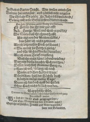 Sapphische Ode. Darinnen die Seelig verstorbene ihren lieben EheHerrn und gantze Frendschafft anredet.