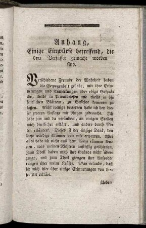 Anhang, Einige Einwürfe betreffend, die dem Verfasser gemacht worden sind.
