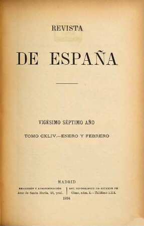 Revista de España. 144 = Año 27. 1894