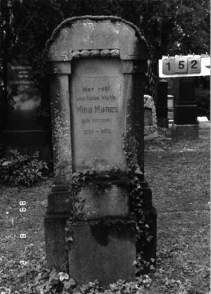 Grabstein 152 (Index: 100101830) Material: Kalkstein Zustand: leicht verwittert Maße HxBxT: 177x68x18 cm Beschreibung: Stele, getreppter Sockel, rund eingezogener Korbbogenabschluß, vor dem Sockel Quader mit Eintiefung Symbolik: Davidstern, Rosenblüten: Grabstein 152