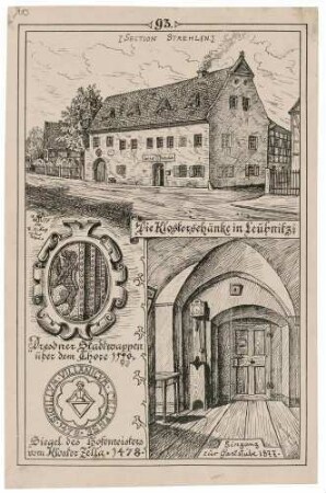 Die Klosterschänke in Leubnitz-Neuostra bei Dresden: Gebäude, Eingangsflur vor der Gaststube, Dresdner Stadtwappen über dem Tor von 1550 und Siegel des Hofmeisters von Kloster Altzella, aus den Heimatkundeblättern "Bergblumen"