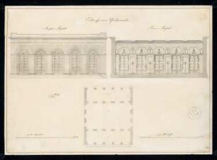 Gartensaal Monatskonkurrenz Oktober 1827: Grundriss, Aufriss Vorderansicht, Querschnitt; Maßstabsleiste