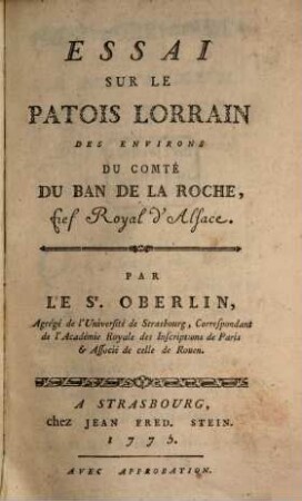 Essai sur le Patois Lorrain des environs du Comté du Ban de la Roche