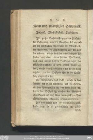 Neun und zwanzigstes Hauptstück. Tugend. Glückseligkeit. Erziehung.