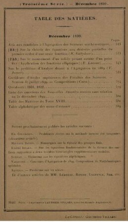 Table des matières. Décembre 1899.