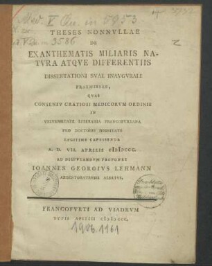 Theses Nonnvllae De Exanthematis Miliaris Natvra Atque Differentiis