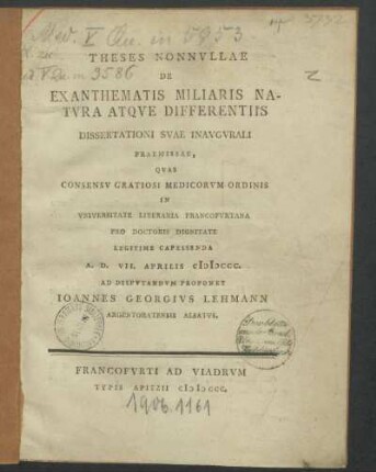 Theses Nonnvllae De Exanthematis Miliaris Natvra Atque Differentiis