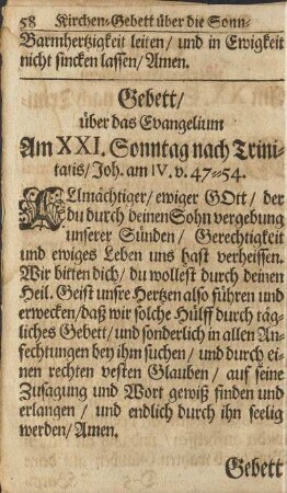Gebett/ über das Evangelium Am XXI. Sonntag nach Trinitatis/ ...