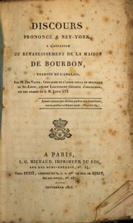 Discours prononcé à New-York, à l'occasion du rétablissement de la maison de Bourbon
