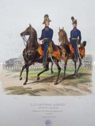 Uniformdarstellung, Stabsoffizier und Oberoffizier des Sappeur-Korps in Parade-Uniform zu Pferd, Österreich, 1840. Tafel aus: Trentsensky: K.K. Oesterreichische Armée nach der neuen Adjustirung.