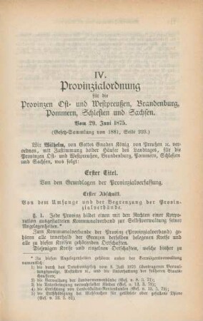 IV. Provinzialordnung für die Provinzen Ost- und Westpreußen, Brandenburg, Pommern, Schlesien und Sachsen
