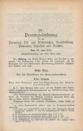 IV. Provinzialordnung für die Provinzen Ost- und Westpreußen, Brandenburg, Pommern, Schlesien und Sachsen