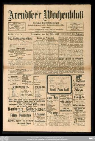 Arendsee'r Wochenblatt, Nr. 36. Donnerstag, den 24. März 1921.
