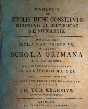 Prolusio de scholis bene constitutis, ecclesiae et reipublicae seminariis