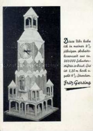 Selbstgebauter Uhrturm eines Arbeitslosen
