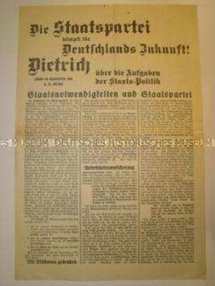 Sonderdruck der Deutschen Staatspartei zur Reichstagswahl 1930 mit Rede des Kandidaten Dietrich