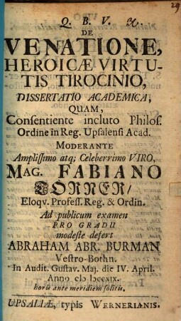 De venatione, heroicae virtutis tirocinio