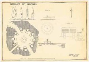 Stadtgarten, Recklinghausen: Grundriss, Ansicht Sitzplatz 1:100, Grundriss, Ansicht, Schnitt Brunnen 1:50, Ansichten Sitzbank 1:10