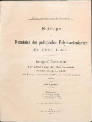 Beiträge zur Kenntniss der pelagischen Polychaetenlarven der Kieler Föhrde
