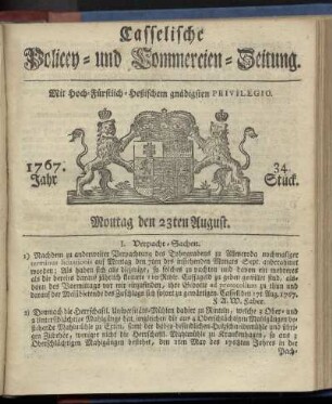 34. Stueck, Montag den 23ten August 1767
