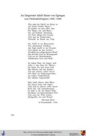 An Sängervater Adolf Aberer von Egringen zum Fünfundsiebzigsten 1869-1948 (Gedicht)