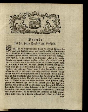 Vorrede des seel. Herrn Canzlers von Mosheim.