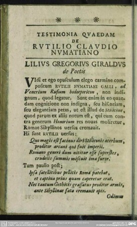 Testimonia Quaedam De Rutilio Claudio Numatiano