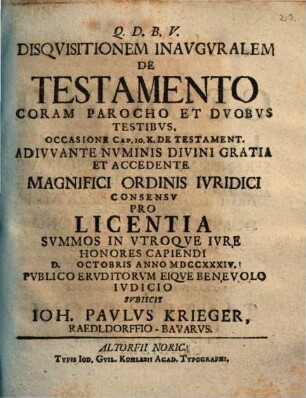 Disqvisitionem inavgvralem de testamento coram parocho et dvobvs testibvs