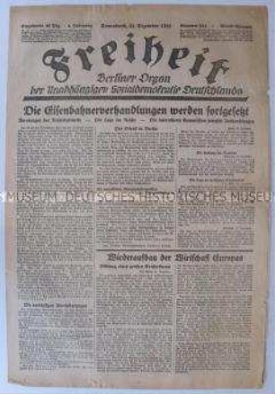 Tageszeitung der USPD Berlin "Freiheit" u.a. zum Lohnkampf der deutschen Eisenbahner