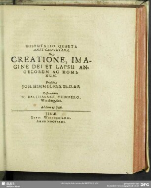 Disputatio Quarta Anti-Calviniana, De Creatione, Imagine Dei Et Lapsu Angelorum Ac Hominum