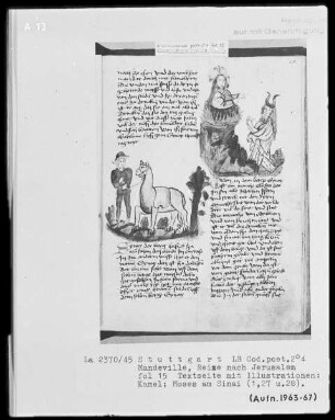 Jean de Mandeville, Reise nach Jerusalem — Textseite mit zwei Illustrationen, Folio 15recto