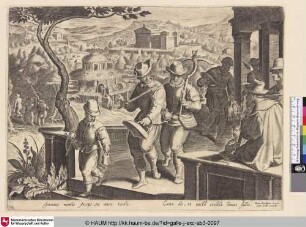 [Jagdgesellschaft auf dem Weg zur Amseljagd; Hunting Party on its way to a blackbird hunt]