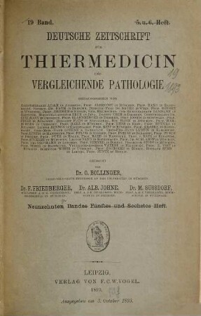 Deutsche Zeitschrift für Thiermedicin und vergleichende Pathologie, 19. 1893