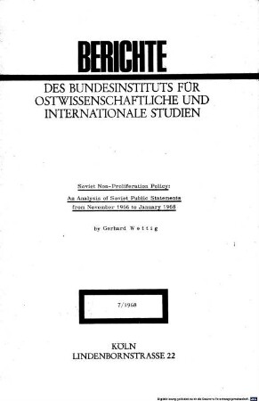 Soviet non proliferation policy : an analysis of Soviet public statements from November 1966 to January 1968