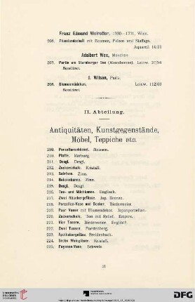 II. Abteilung. Antiquitäten, Kunstgegenstände, Möbel, Teppiche etc. (Nr. 209-1301)