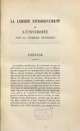 La liberté d'enseignement et l'université sous la troisième république par Emile Beaussire