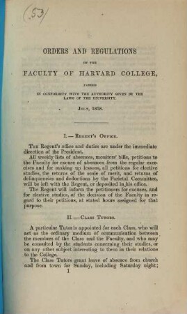 Orders and regulations of the faculty of Harvard College. 1858