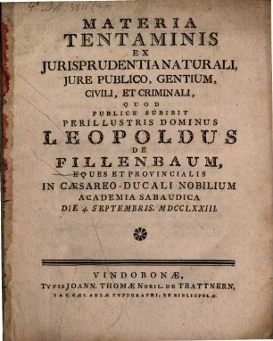 Materia tentaminis ex iurisprudentia naturali iure publico, gentium, civili et criminali
