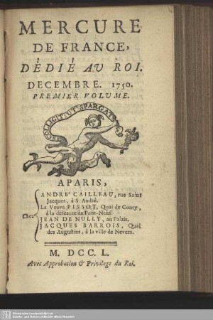 Decembre. 1750. Premier Volume