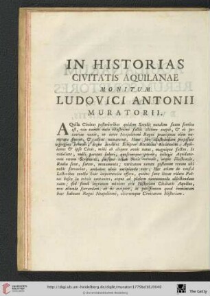 In Historias Civitatis Aquilanae monitum Ludovici Antonii Muratorii