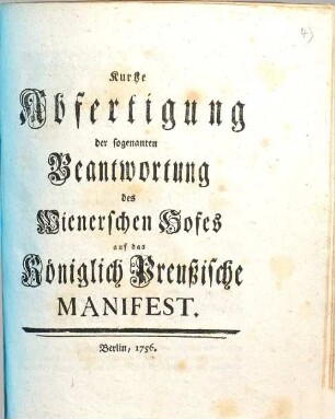 Kurtze Abfertigung der sogenannten Beantwortung des Wienerschen Hofes auf das Königlich Preußische Manifest