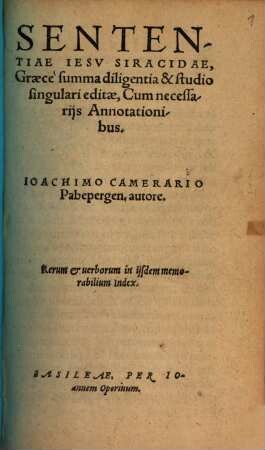 Sententiae Jesu Siracidae : Graece summa diligentia et studio singulari editae cum necessariis notationibus