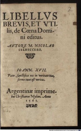 Libellus brevis et utilis de coena Domini