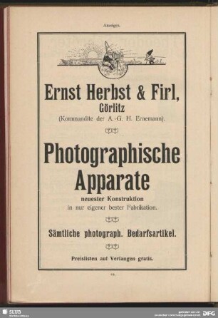 Werbung: Ernst Herbst & Firl. Görlitz. Photographische Apparate