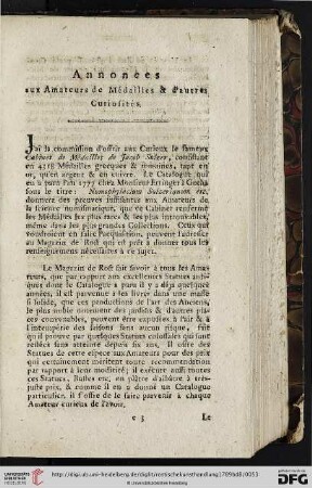 Annonces aux Amateurs de Médailles et d'autres Curiosités