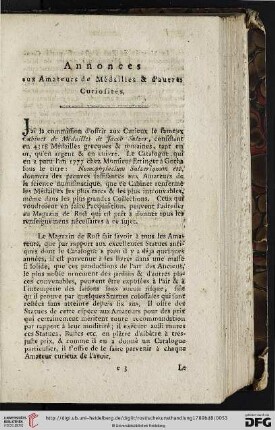 Annonces aux Amateurs de Médailles et d'autres Curiosités