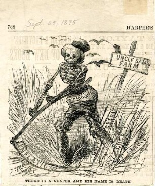 There is a reaper, and his name is Death : der Tod, der die Demokratische Partei darstellt, mäht mit der Sense der Inflation ein Feld von Uncle Sams Farm