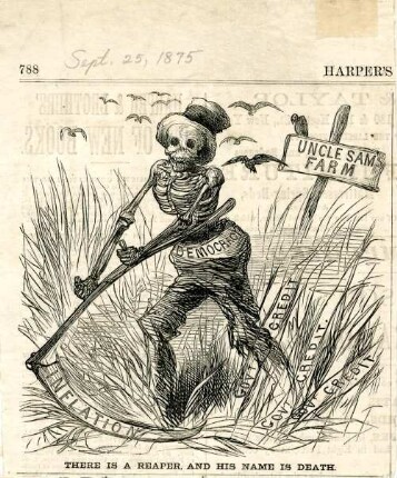 There is a reaper, and his name is Death : der Tod, der die Demokratische Partei darstellt, mäht mit der Sense der Inflation ein Feld von Uncle Sams Farm