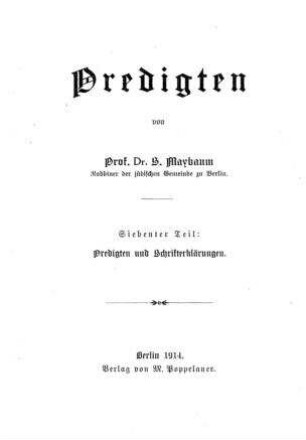 Predigten und Schrifterklärungen : erstes und zweites Buch Moses. Neue Folge / von S. Maybaum